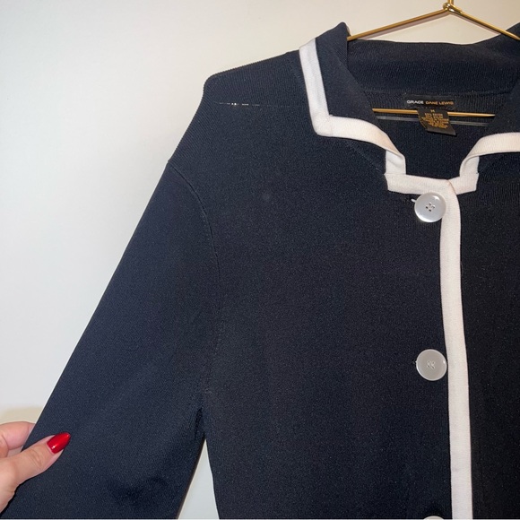 Grace Dane Lewis Black & White Trim Knit Sweater Coat Cardigan Medium - Picture 5 of 10